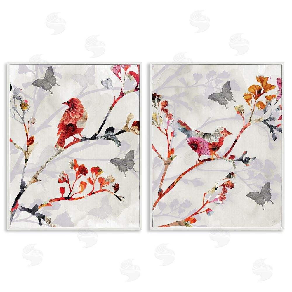 Susan Jill Flower Birds on Branch White Framed Giclee Wall Art Print