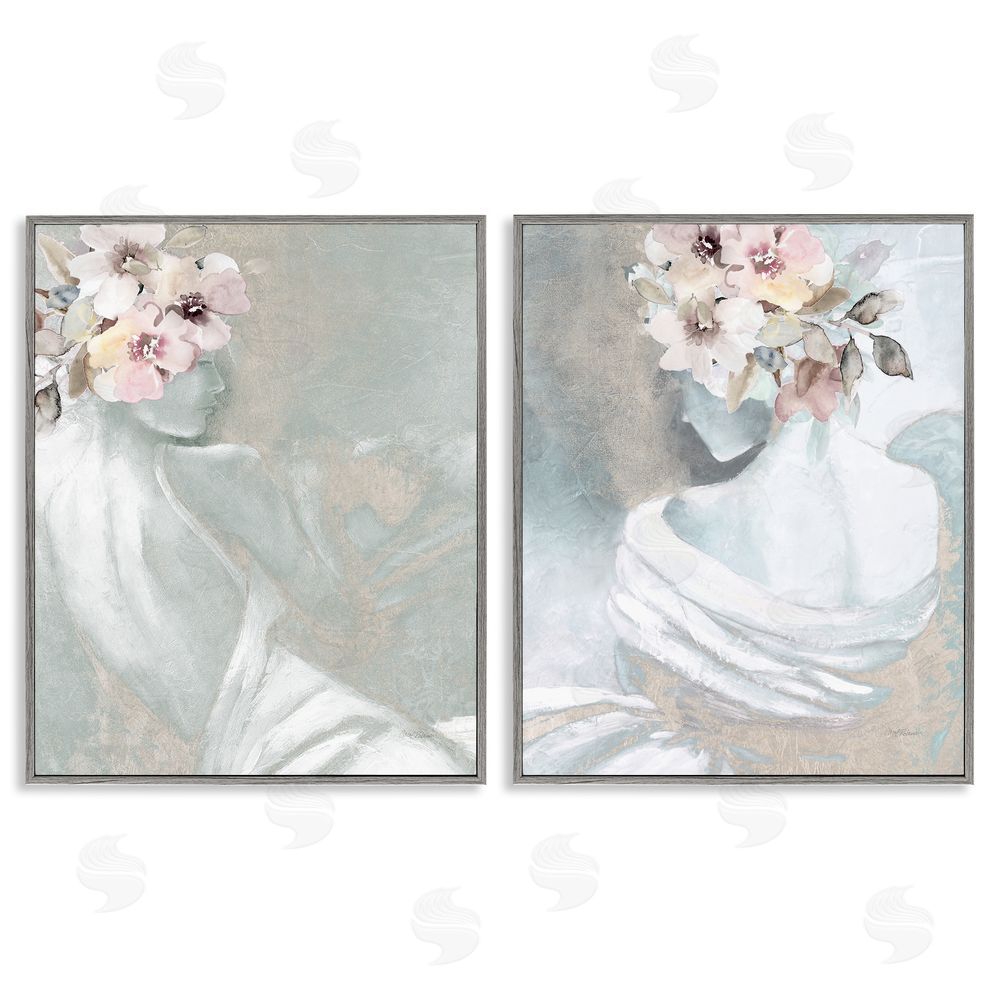 Carol Robinson Female Figure Floral Pose Gray Framed Giclee Wall Art Print