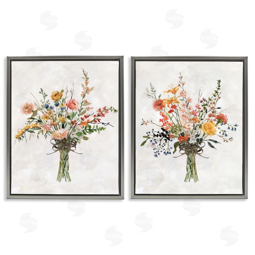Carol Robinson Fresh Cut Tied Floral Bouquet Gray Floating Frame Canvas Wall Art Print