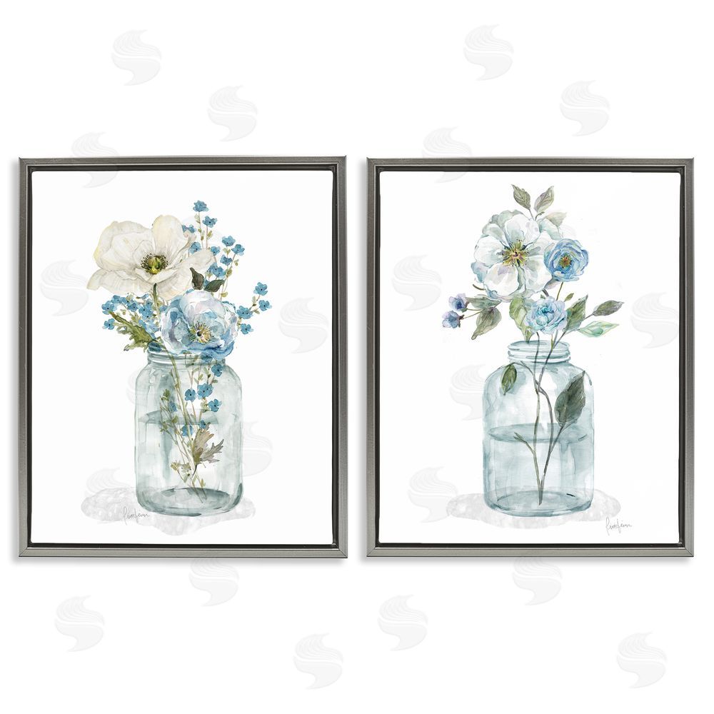 Livi Finn Dainty Flowers in Jar Gray Floating Frame Canvas Wall Art Print