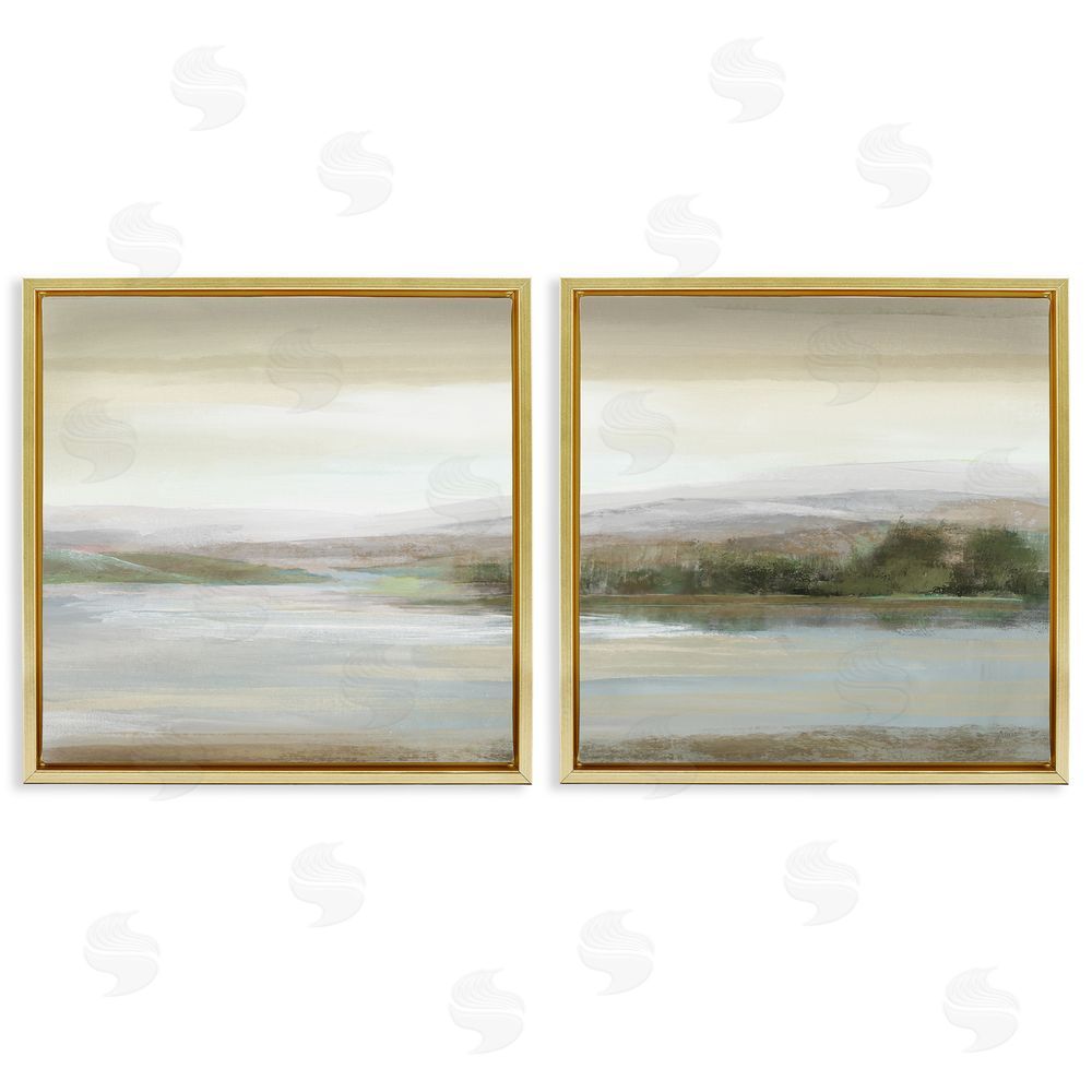 Nan Abstract Lakeside Landscape Gold Floating Frame Canvas Wall Art Print
