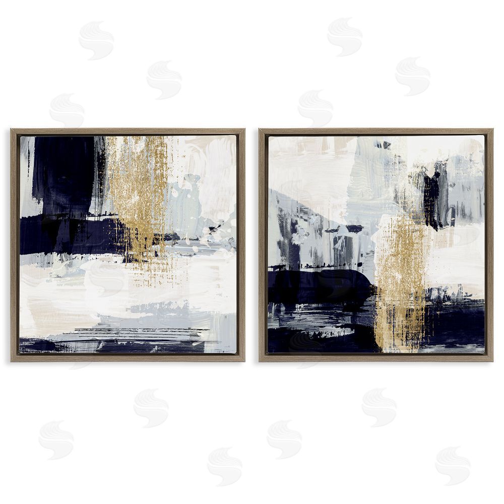 Susan Jill Patchy Navy Gold Abstract Brown Floating Frame Canvas Wall Art Print