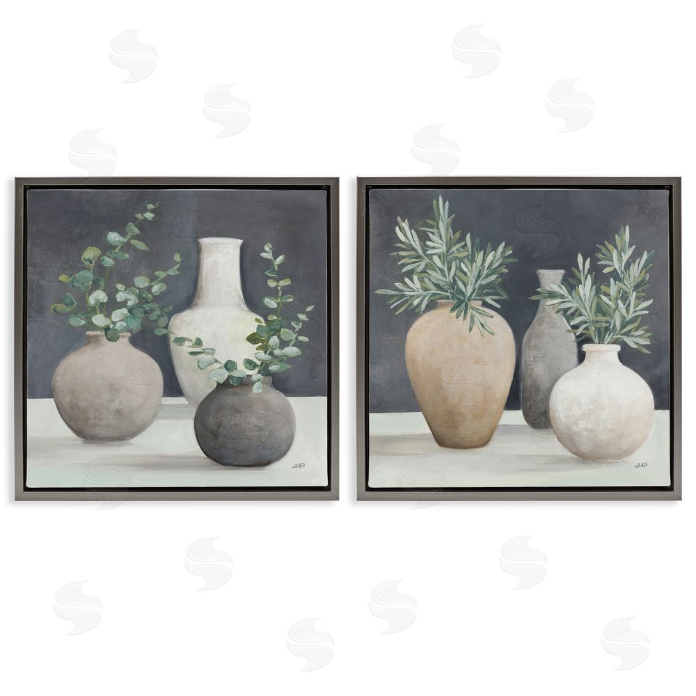 Julia Purinton Eucalyptus Greens Fresh Vessels Gray Floating Frame Canvas Wall Art Print