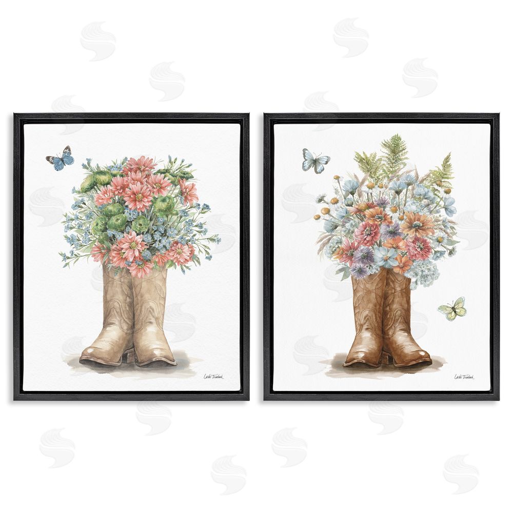 Leslie Trimbach Wildflower Western Boots Butterfly Black Floating Frame Canvas Wall Art Print