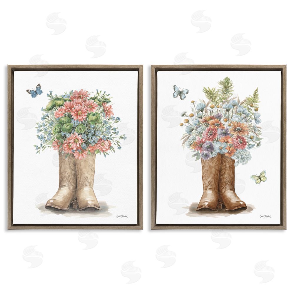 Leslie Trimbach Wildflower Western Boots Butterfly Brown Floating Frame Canvas Wall Art Print