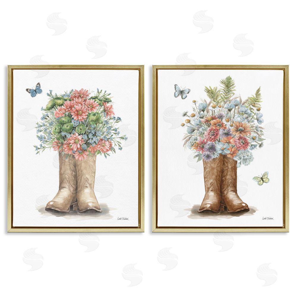 Leslie Trimbach Wildflower Western Boots Butterfly Gold Floating Frame Canvas Wall Art Print