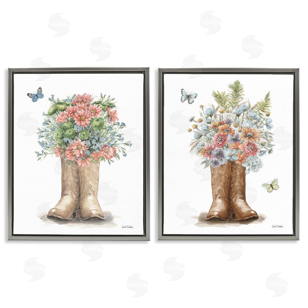 Leslie Trimbach Wildflower Western Boots Butterfly Gray Floating Frame Canvas Wall Art Print
