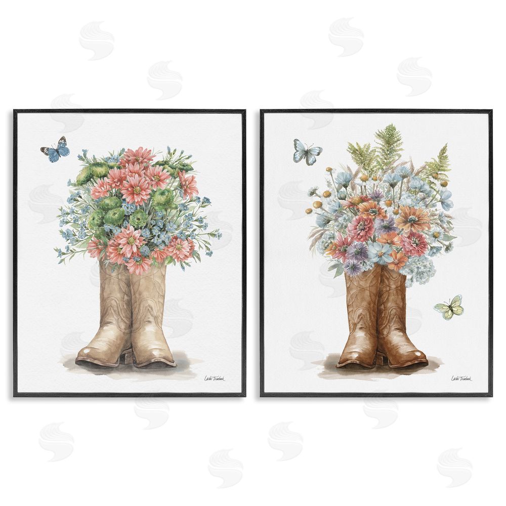 Leslie Trimbach Wildflower Western Boots Butterfly Black Framed Giclee Wall Art Print