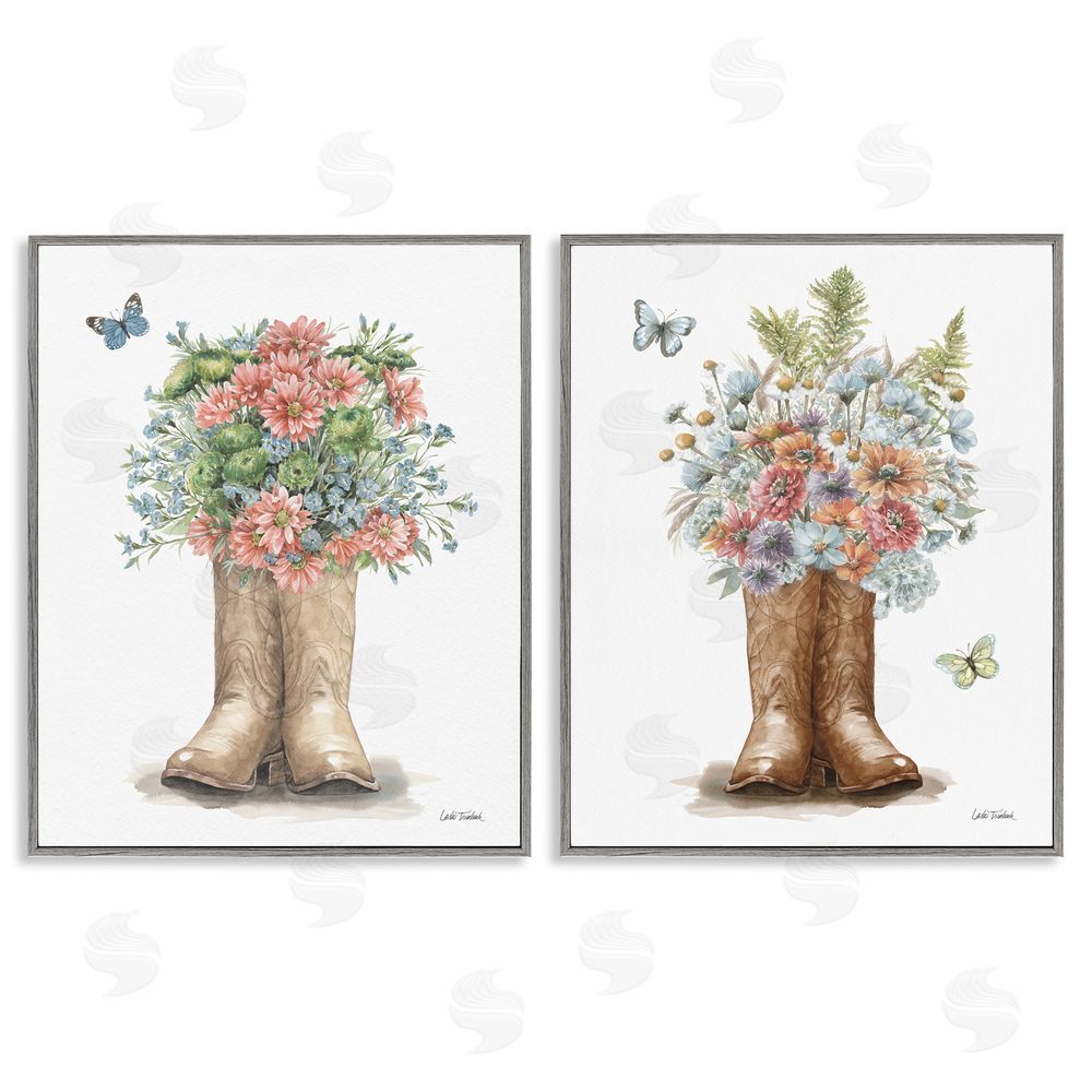 Leslie Trimbach Wildflower Western Boots Butterfly Gray Framed Giclee Wall Art Print