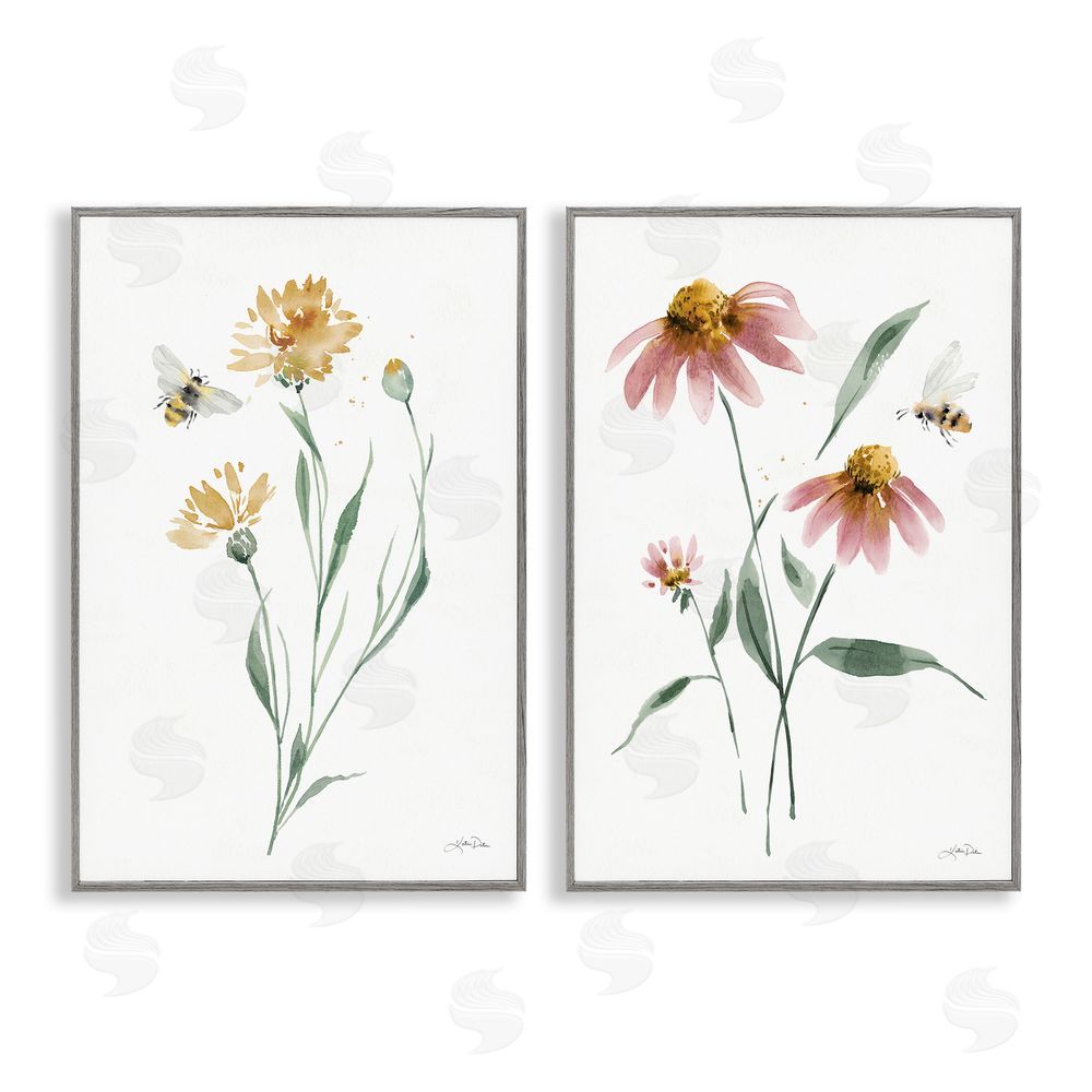 Katrina Pete Flower Stem Bees Gray Framed Giclee Wall Art Print