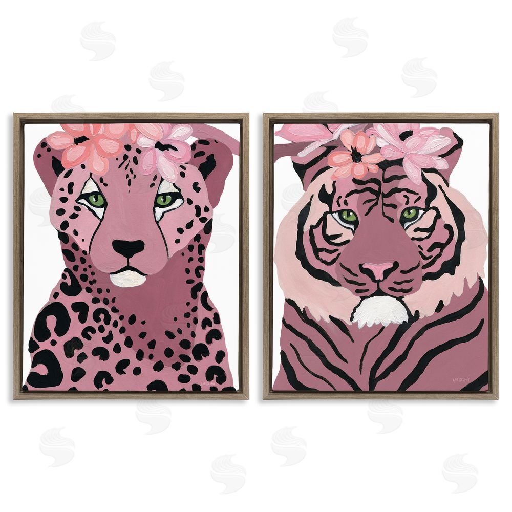 Yvette St. Amant Floral Cheetah Tiger Brown Floating Frame Canvas Wall Art Print