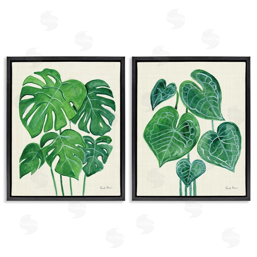 Farida Zaman Thriving Detailed Monstera Leaves  Black Floating Frame Canvas Wall Art Print