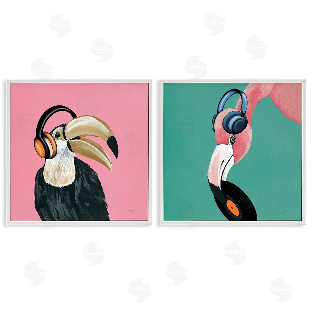 Yvette St. Amant Toucan and Flamingo Musical Pals  White Framed Giclee Wall Art Print