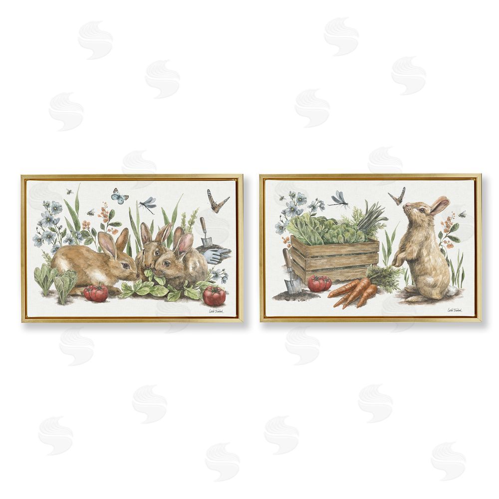 Leslie Trimbach Rabbit Vegetable Garden Party Gold Floating Frame Canvas Wall Art Print