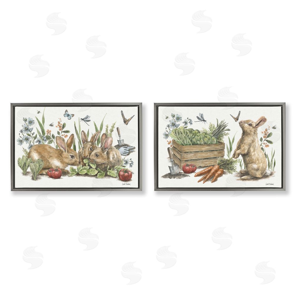 Leslie Trimbach Rabbit Vegetable Garden Party Gray Floating Frame Canvas Wall Art Print