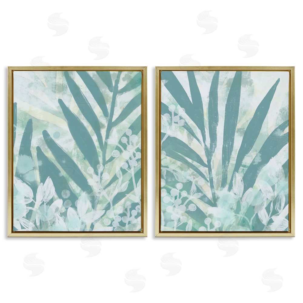 June Erica Vess Teal Palm Fronds  Gold Floating Frame Canvas Wall Art Print