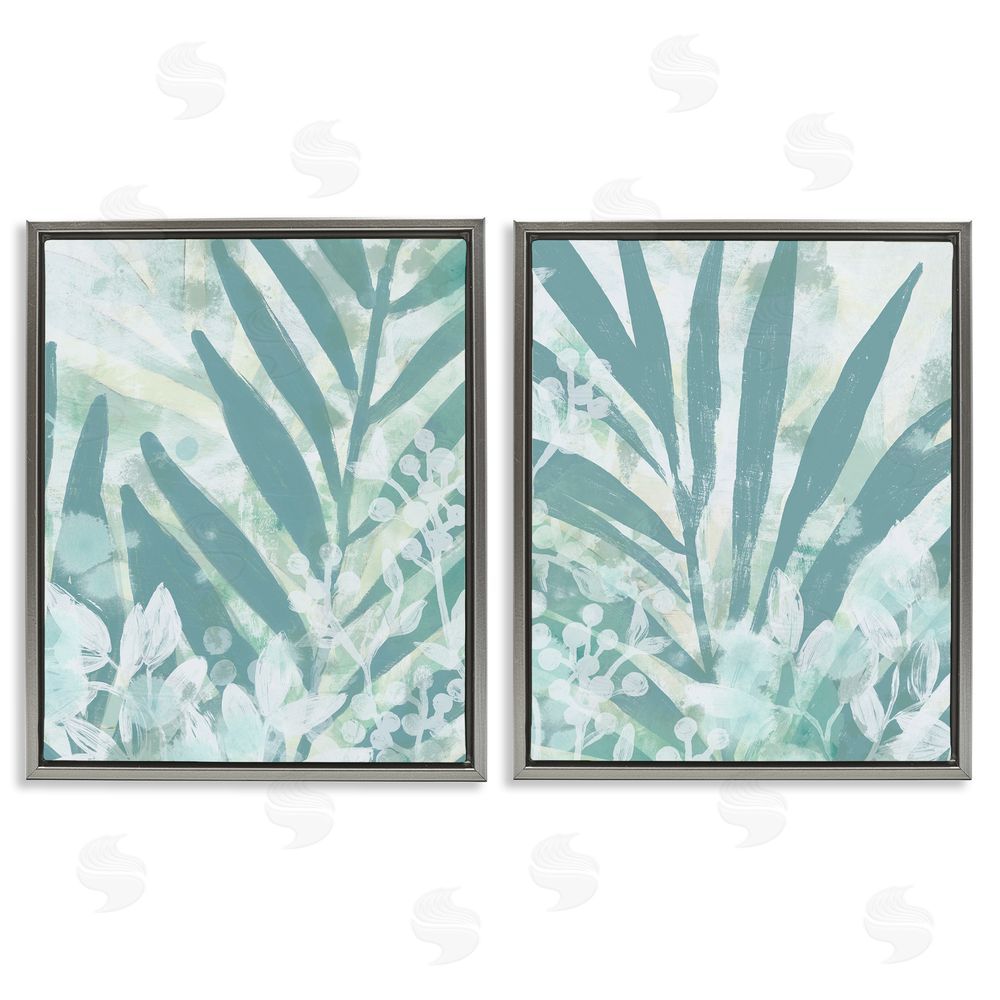 June Erica Vess Teal Palm Fronds  Gray Floating Frame Canvas Wall Art Print