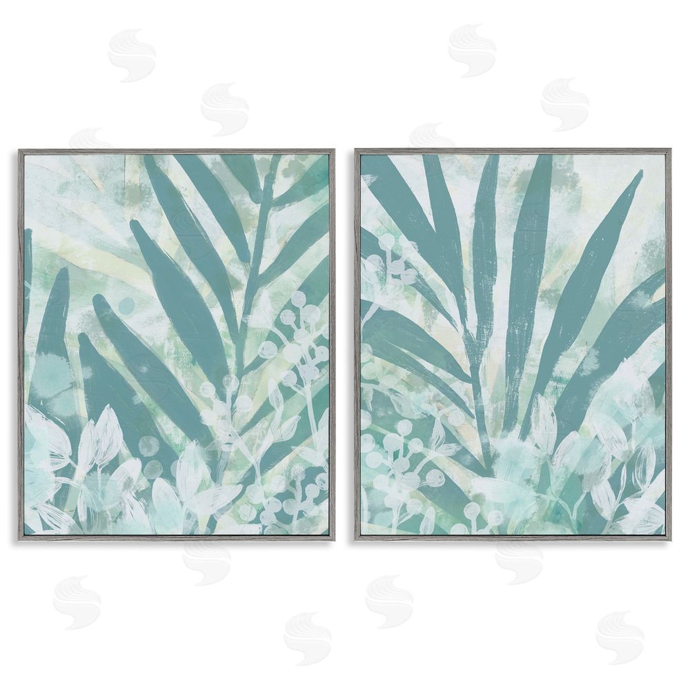 June Erica Vess Teal Palm Fronds  Gray Framed Giclee Wall Art Print