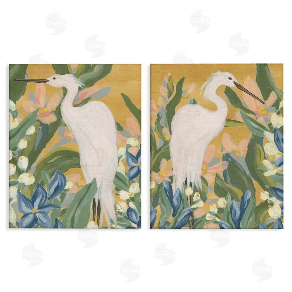June Erica Vess Great Egret in Blooming Bushes Canvas Wall Art Print