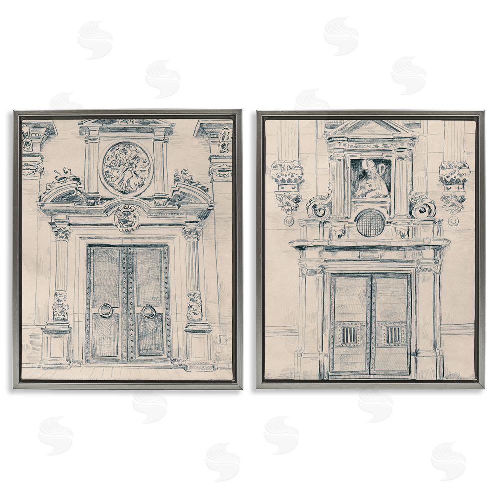 June Erica Vess Pencil Sketch Ornate Door Gray Floating Frame Canvas Wall Art Print
