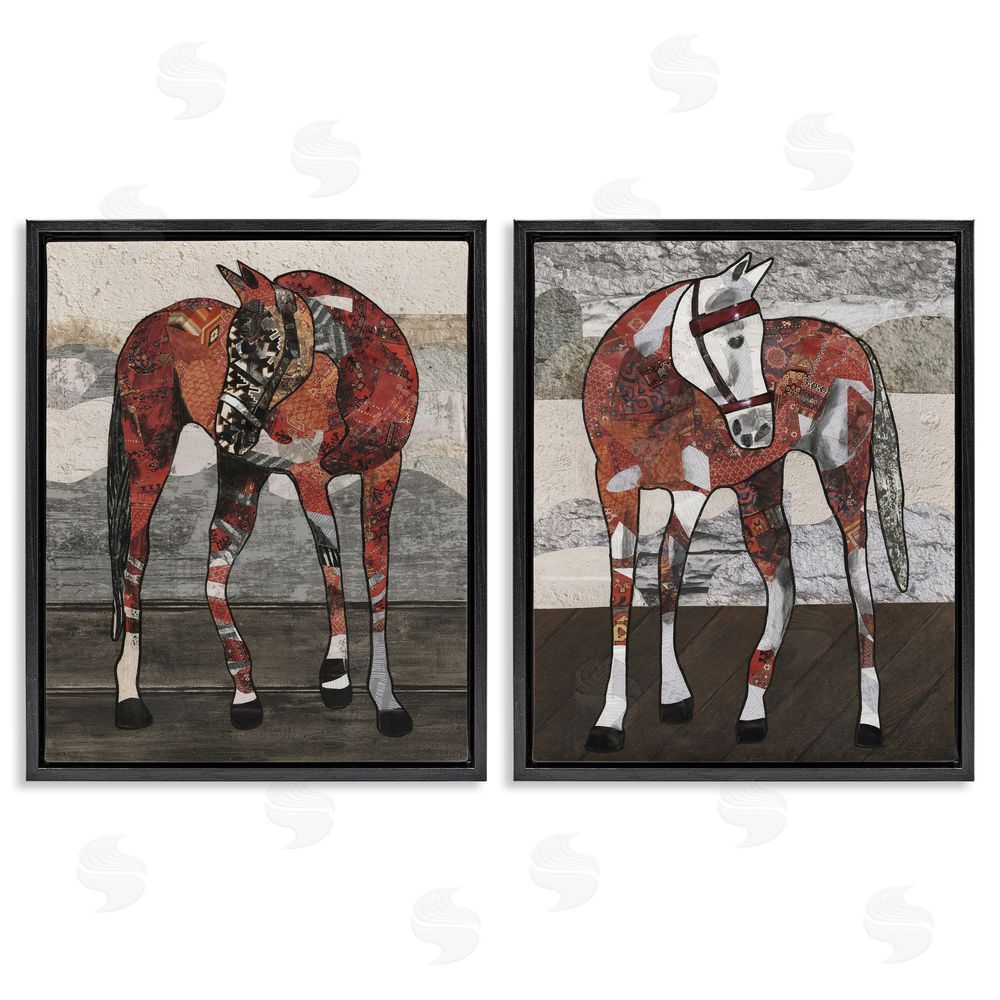 Coco Good Abstract Patchwork Horses Black Floating Frame Canvas Wall Art Print