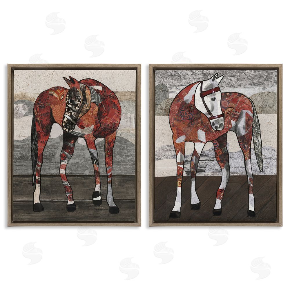 Coco Good Abstract Patchwork Horses Brown Floating Frame Canvas Wall Art Print