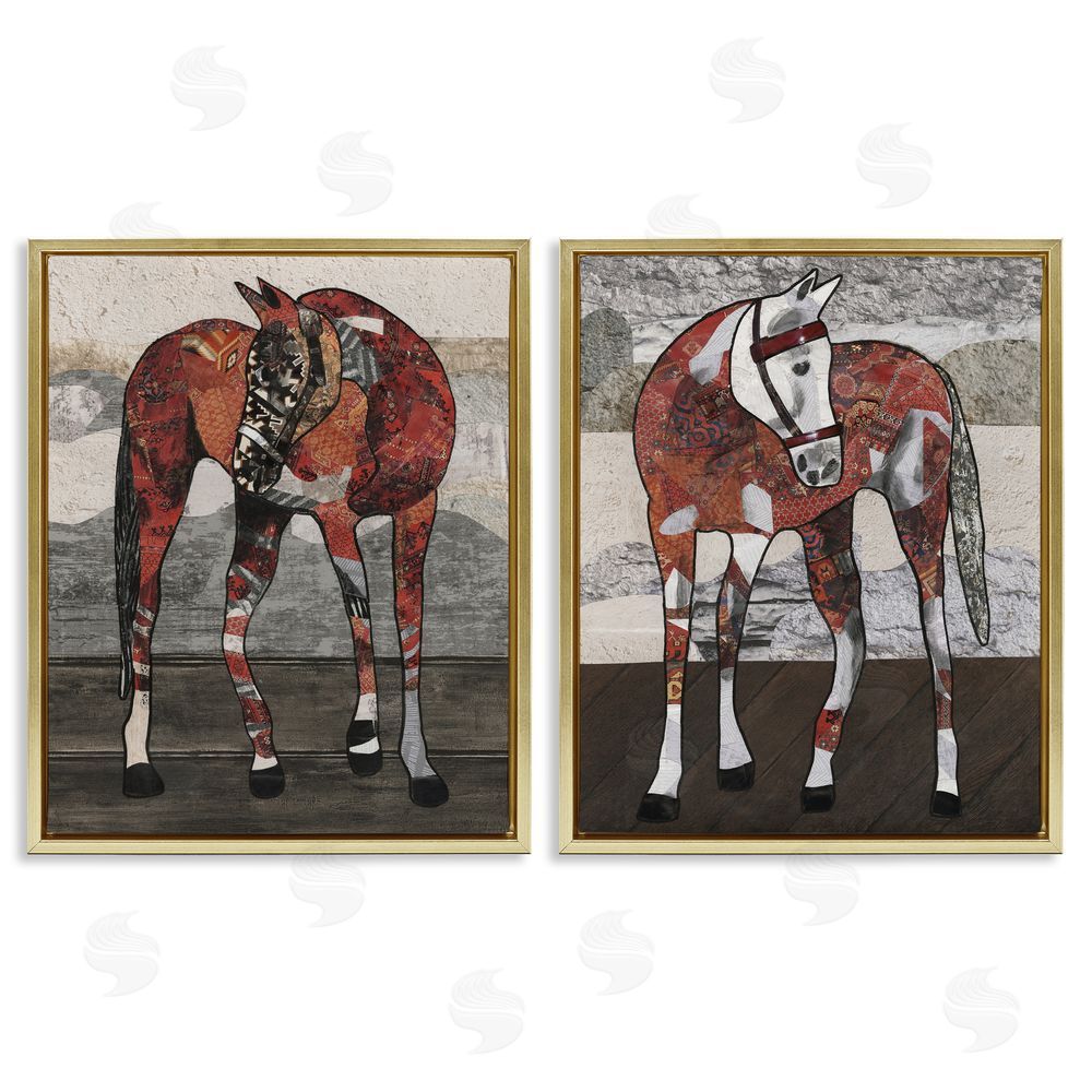 Coco Good Abstract Patchwork Horses Gold Floating Frame Canvas Wall Art Print