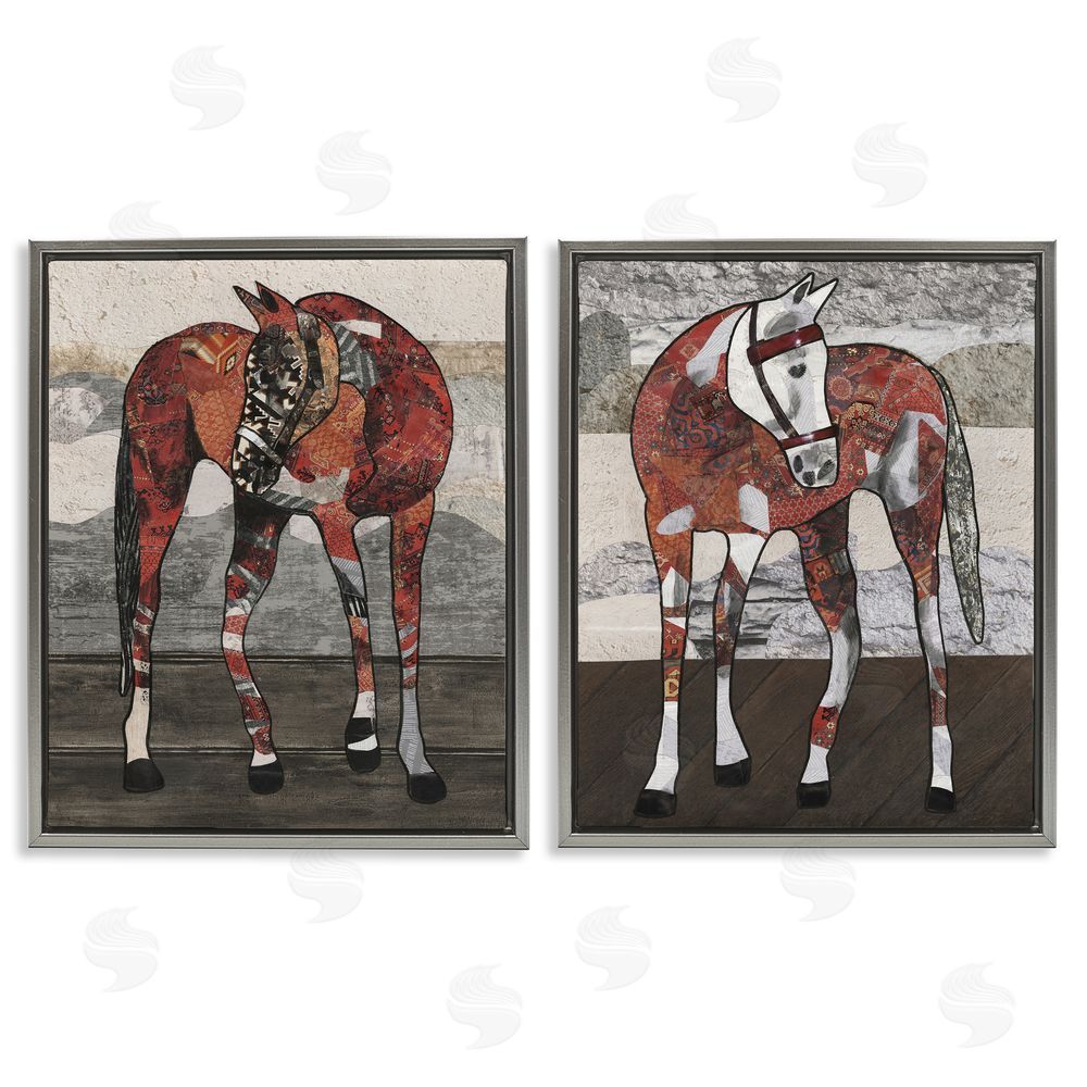 Coco Good Abstract Patchwork Horses Gray Floating Frame Canvas Wall Art Print