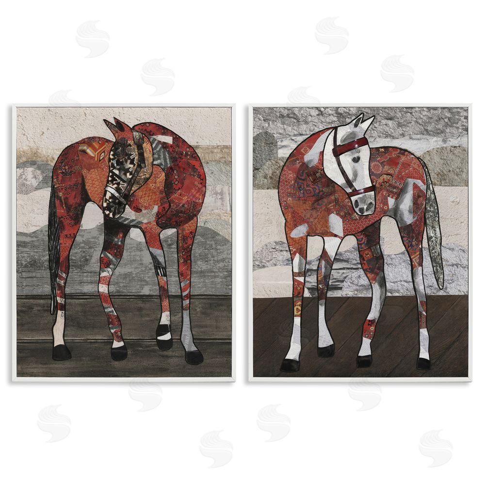 Coco Good Abstract Patchwork Horses White Framed Giclee Wall Art Print
