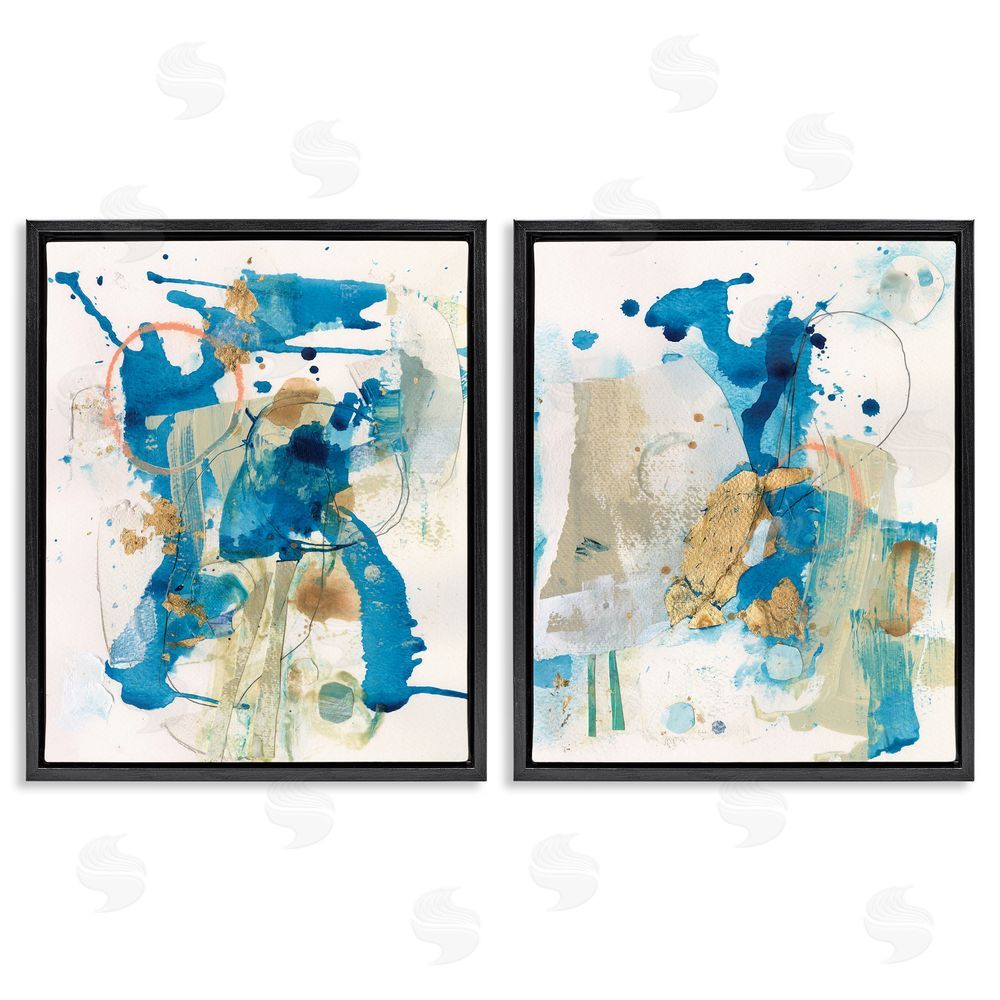Allison Ford Abstract Blue Gold Splash  Black Floating Frame Canvas Wall Art Print