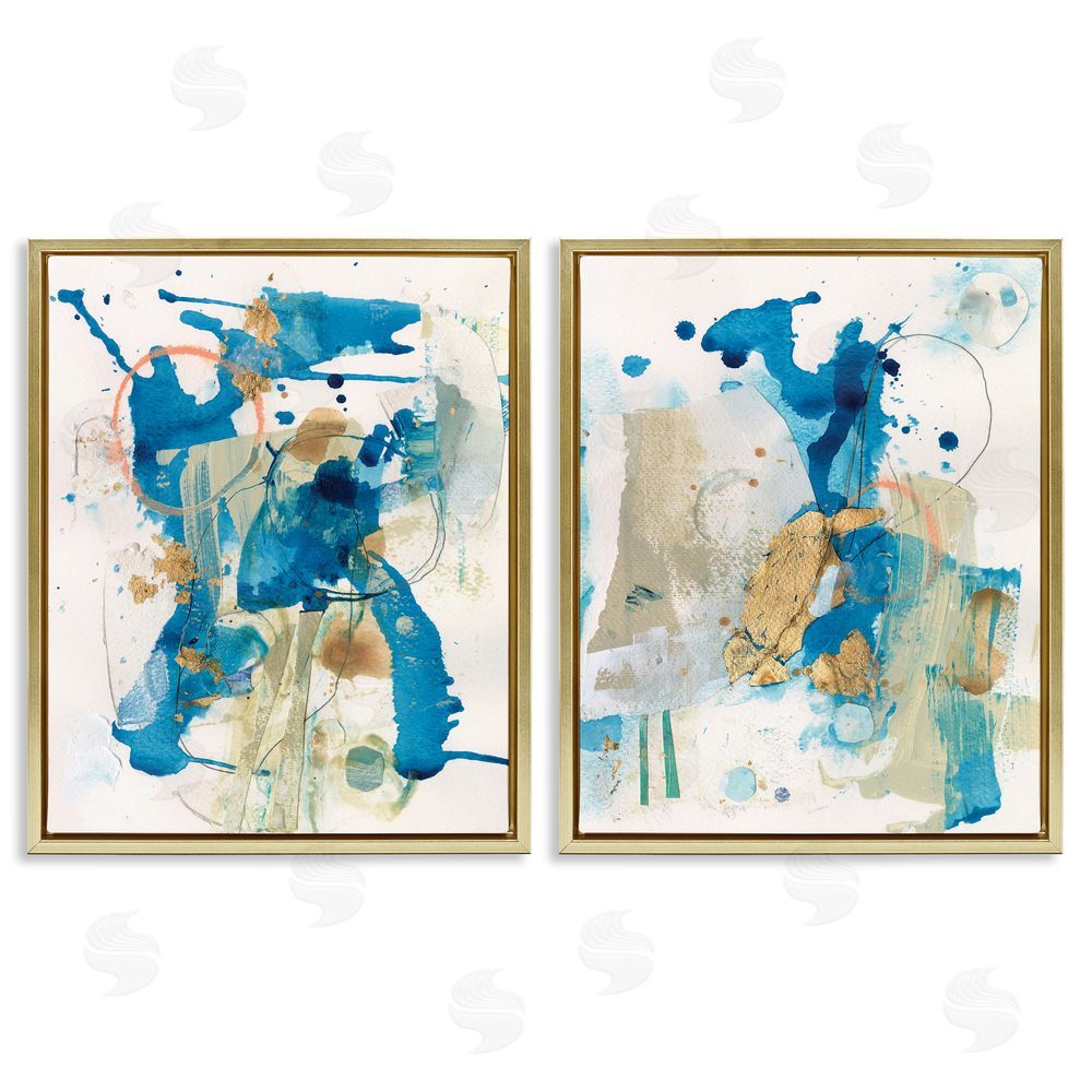 Allison Ford Abstract Blue Gold Splash  Gold Floating Frame Canvas Wall Art Print