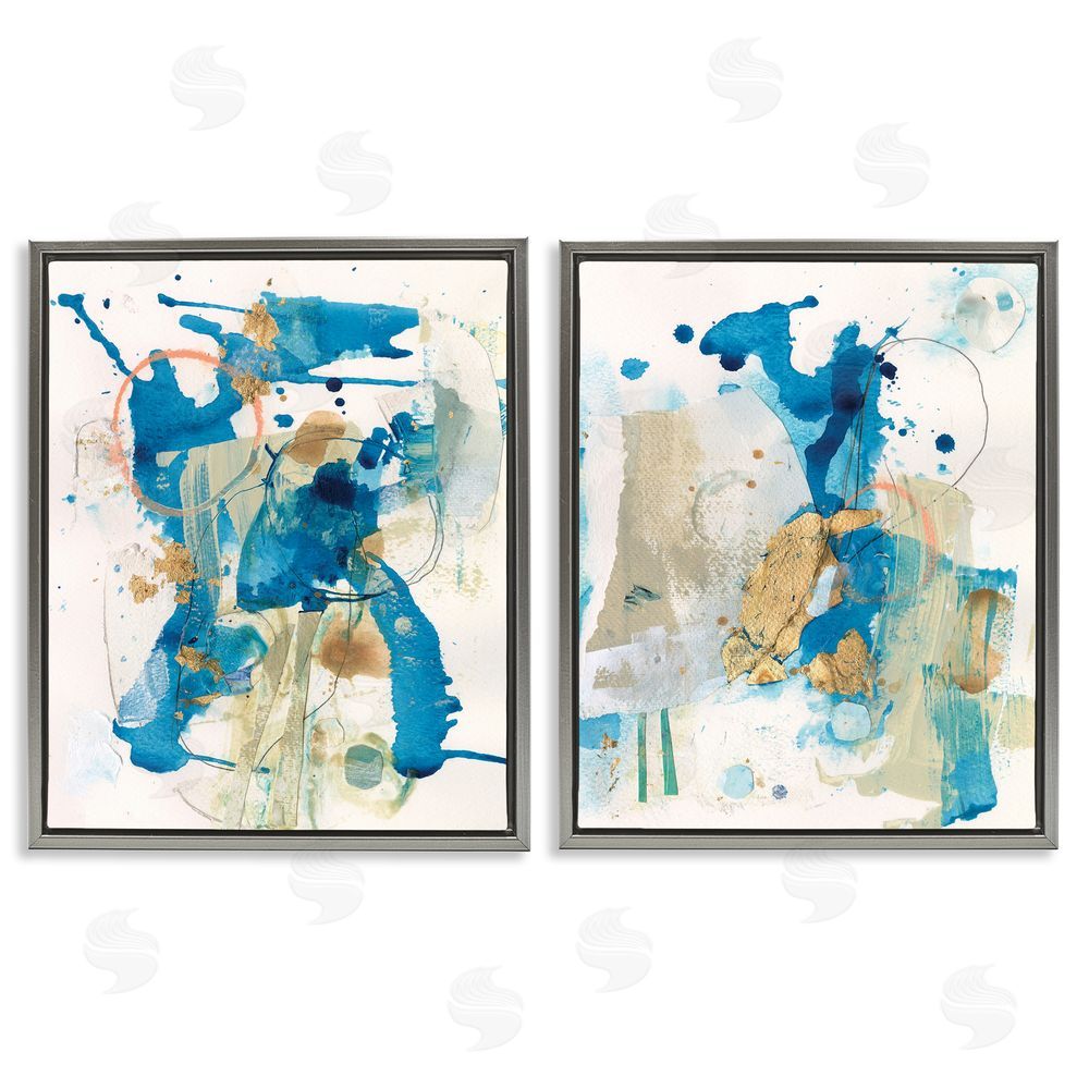Allison Ford Abstract Blue Gold Splash  Gray Floating Frame Canvas Wall Art Print