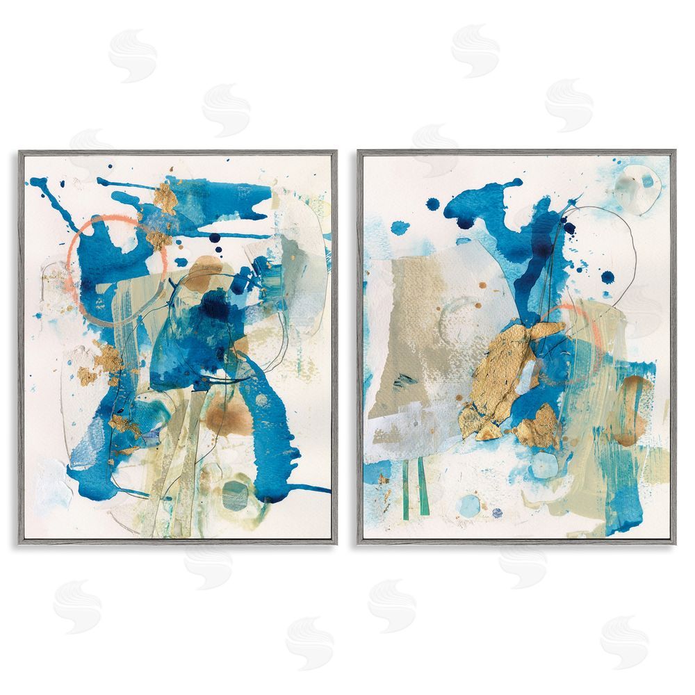 Allison Ford Abstract Blue Gold Splash  Gray Framed Giclee Wall Art Print