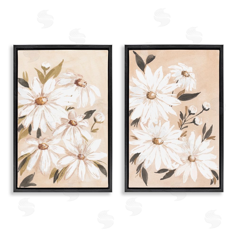 Amanda Cook White Daises on Peach Black Floating Frame Canvas Wall Art Print
