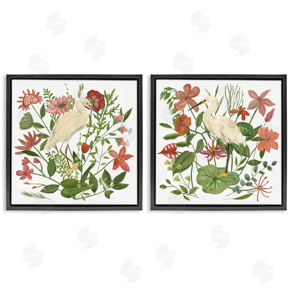 Melissa Wang Egrets Color Pop Flowers Black Floating Frame Canvas Wall Art Print