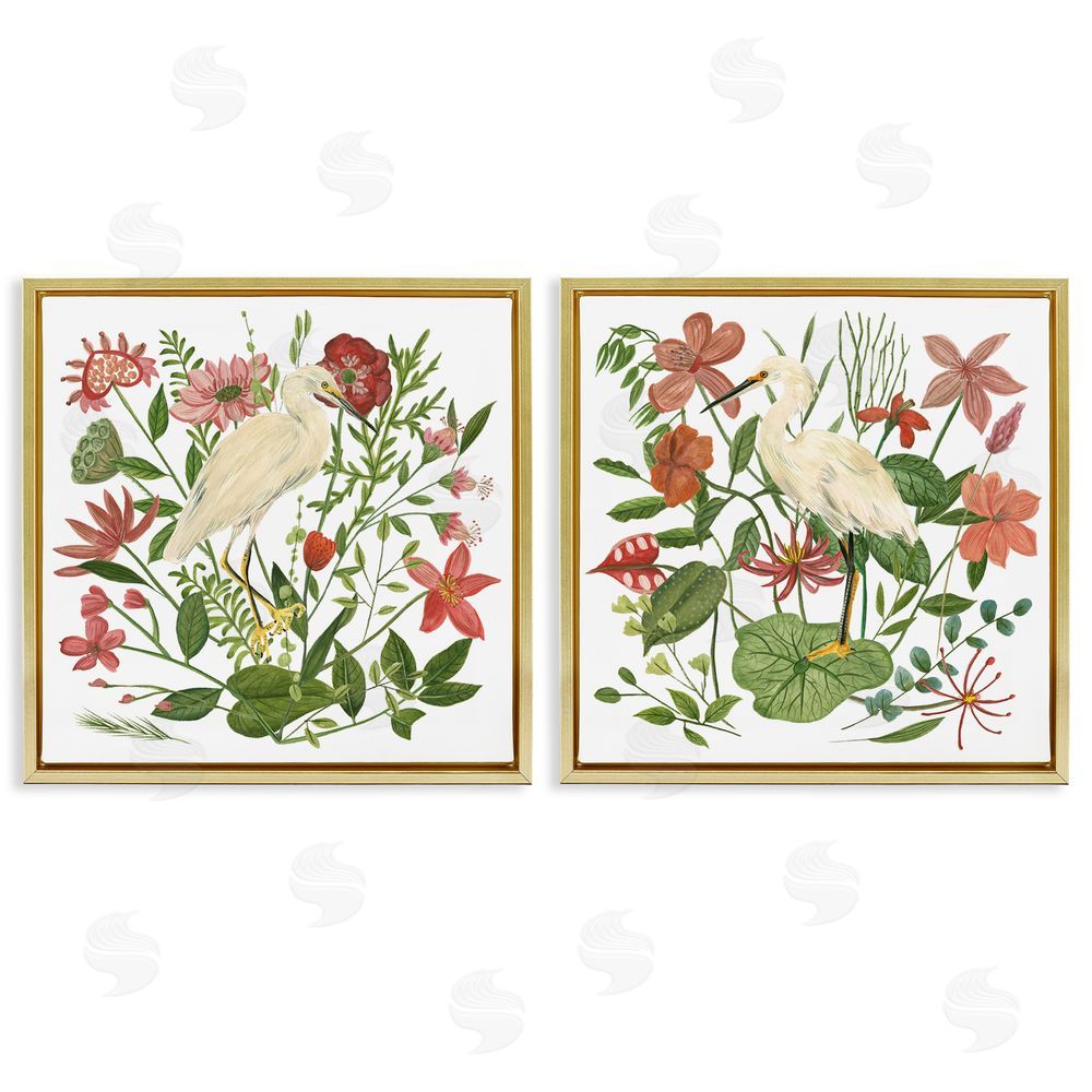 Melissa Wang Egrets Color Pop Flowers Gold Floating Frame Canvas Wall Art Print