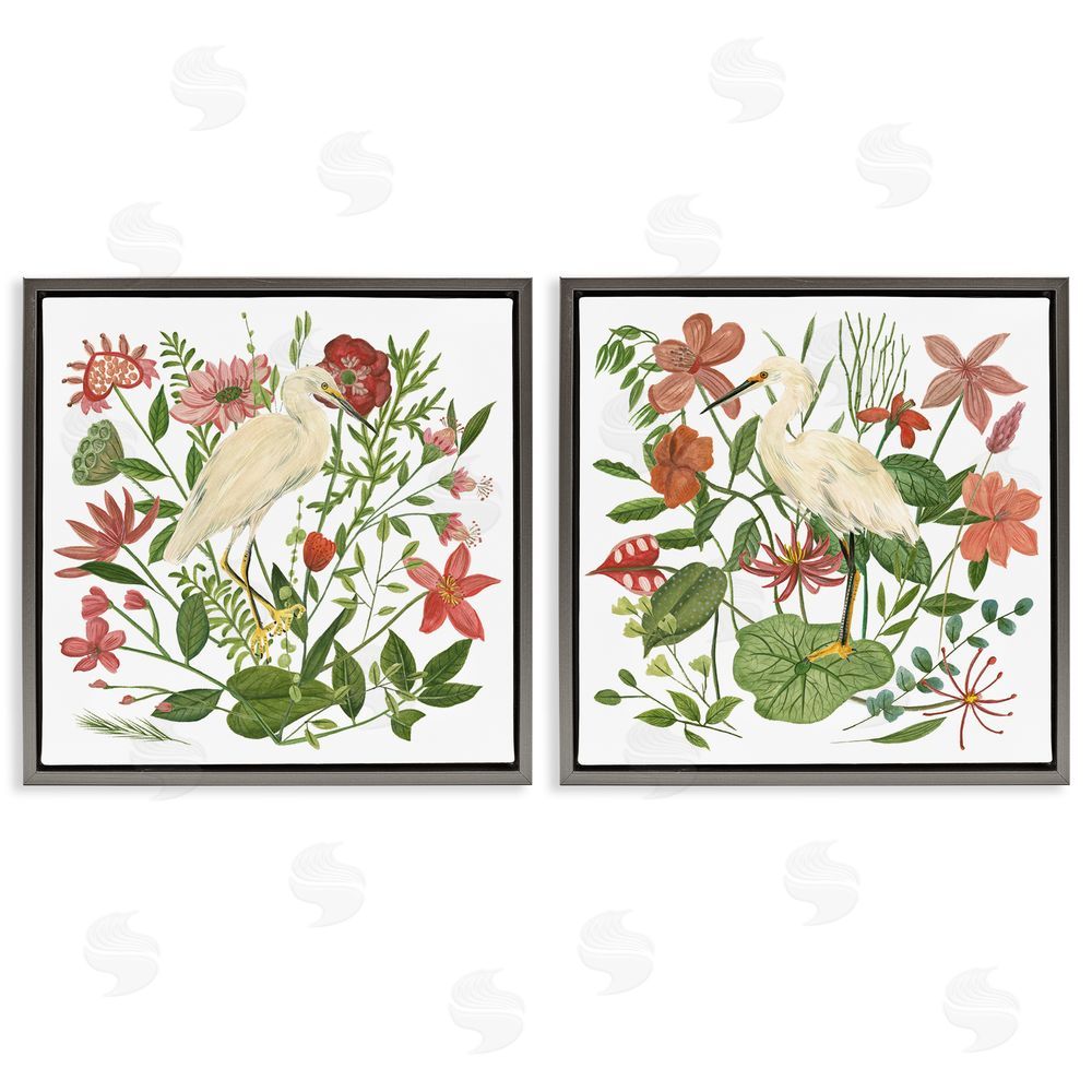 Melissa Wang Egrets Color Pop Flowers Gray Floating Frame Canvas Wall Art Print