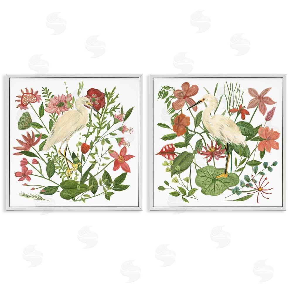 Melissa Wang Egrets Color Pop Flowers White Framed Giclee Wall Art Print