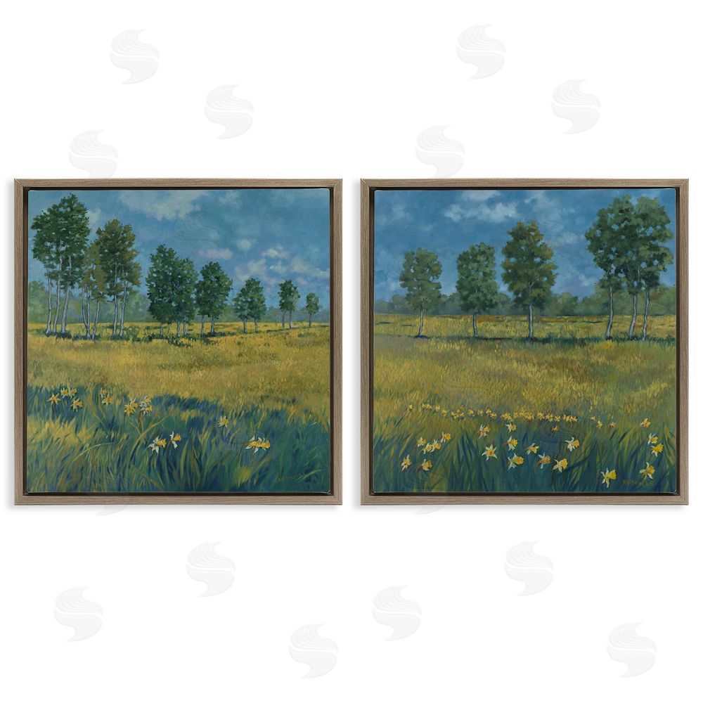 Graham Reynolds Daffodil Tree Lined Field Brown Floating Frame Canvas Wall Art Print