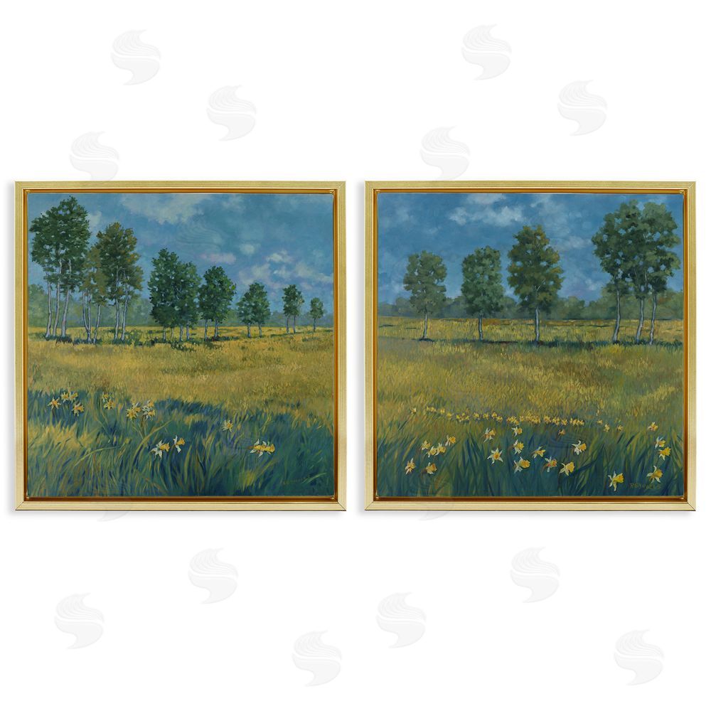 Graham Reynolds Daffodil Tree Lined Field Gold Floating Frame Canvas Wall Art Print