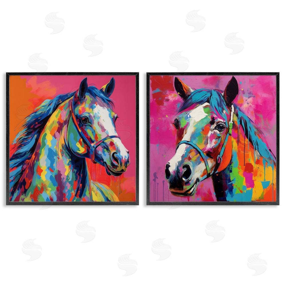 Irena Orlov Bright Neon Horse Portrait  Black Framed Giclee Wall Art Print