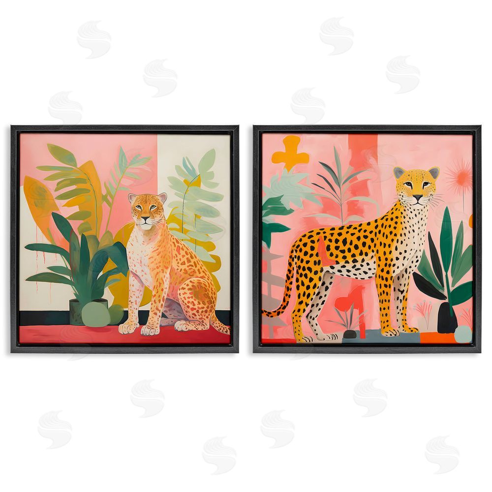 Walker Noble Jaguar Leopard Potted Palms  Black Floating Frame Canvas Wall Art Print