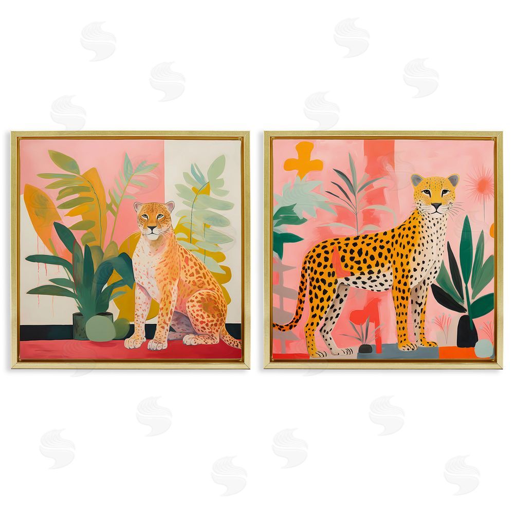 Walker Noble Jaguar Leopard Potted Palms  Gold Floating Frame Canvas Wall Art Print