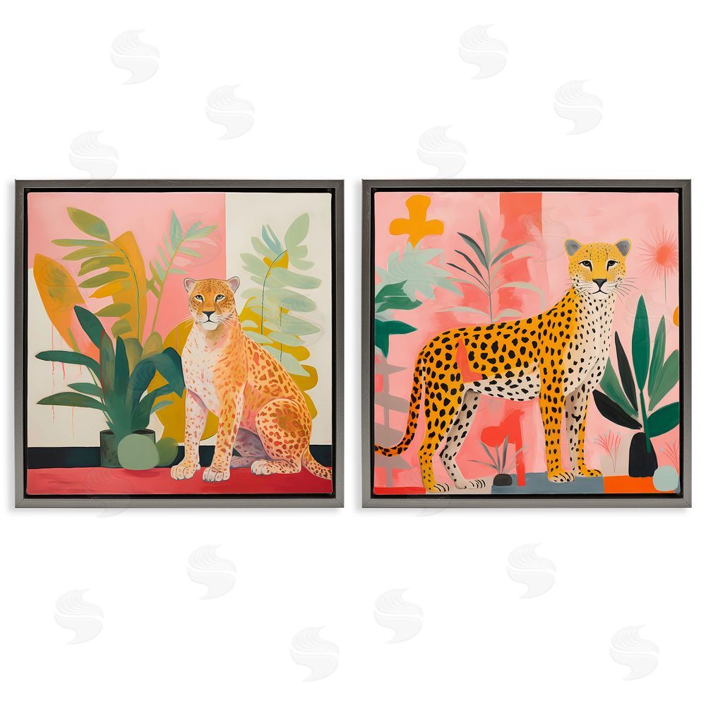 Walker Noble Jaguar Leopard Potted Palms  Gray Floating Frame Canvas Wall Art Print