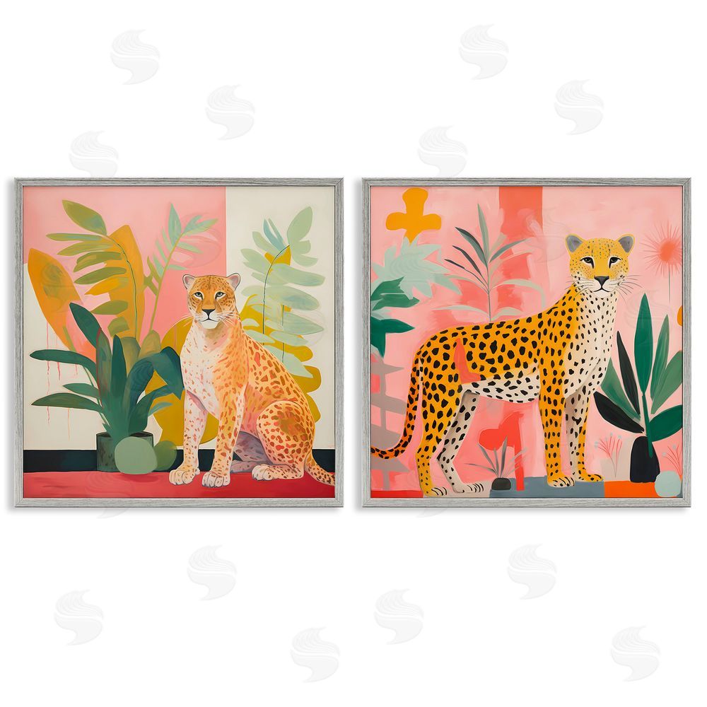 Walker Noble Jaguar Leopard Potted Palms  Gray Framed Giclee Wall Art Print
