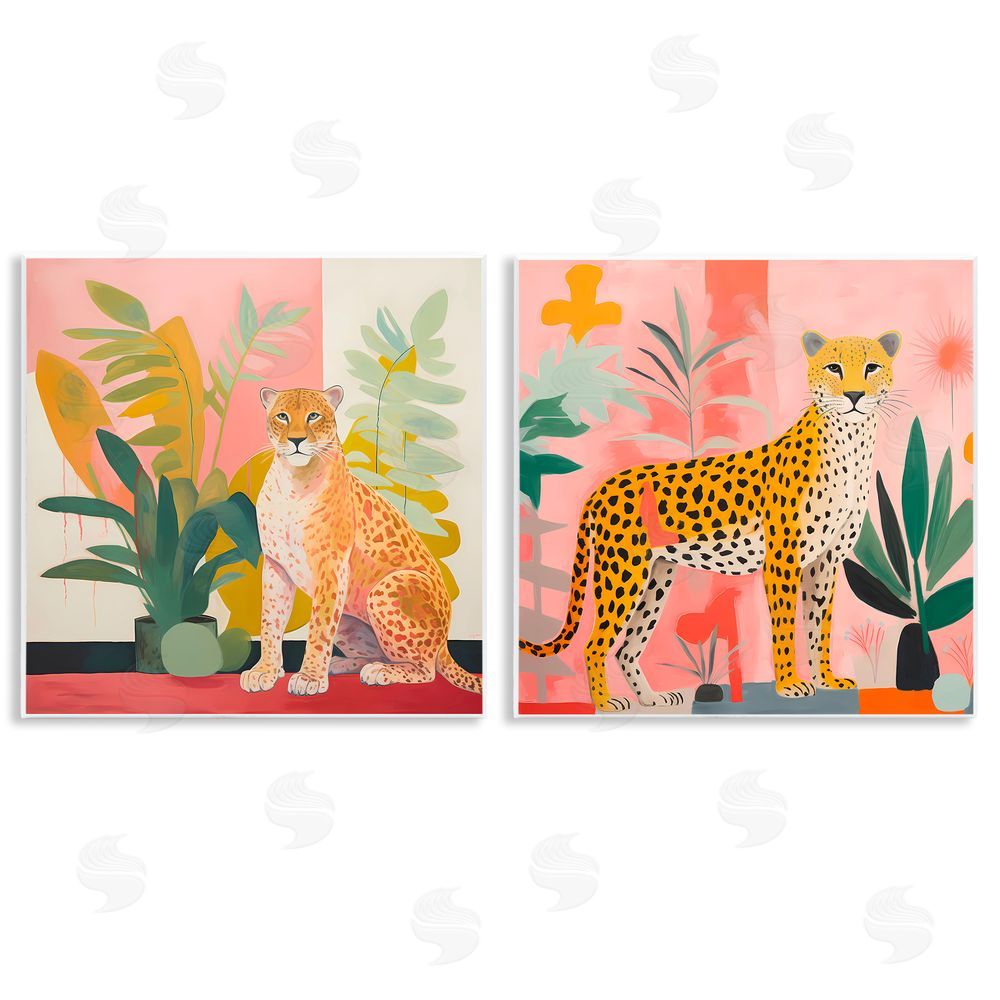 Walker Noble Jaguar Leopard Potted Palms  Wooden Wall Plaque Art Print