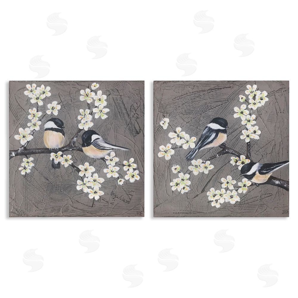 Jade Reynolds Chickadee Birds Flowering Branch Canvas Wall Art Print
