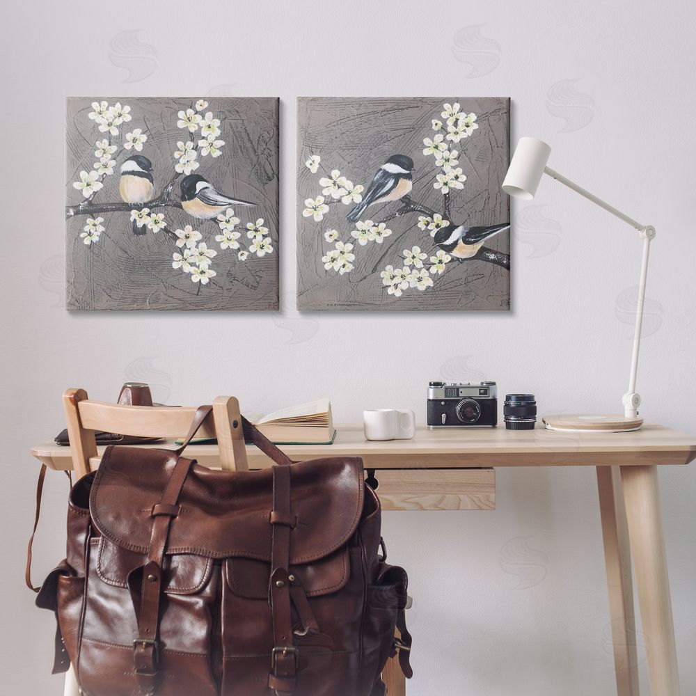 Jade Reynolds Chickadee Birds Flowering Branch Canvas Wall Art Print in Room