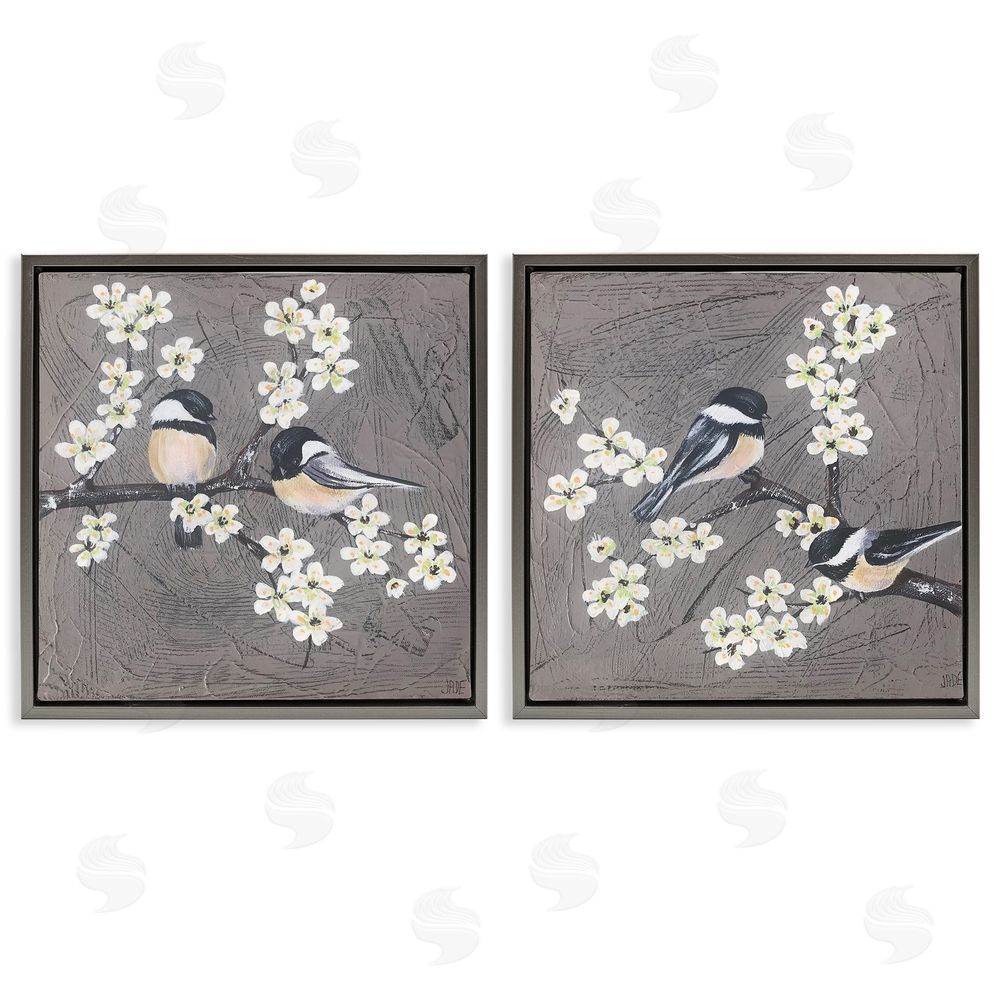 Jade Reynolds Chickadee Birds Flowering Branch Gray Floating Frame Canvas Wall Art Print