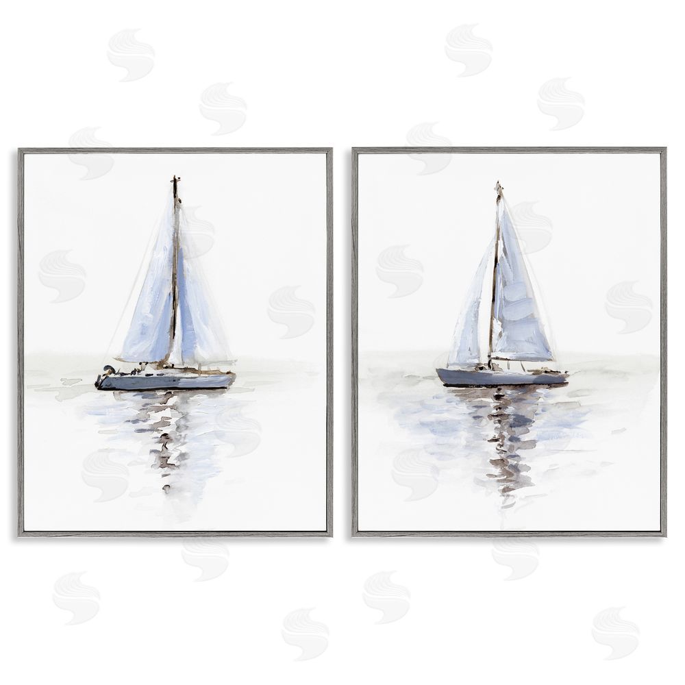 Victoria Barnes Watercolor Sailboat Calm Water  Gray Framed Giclee Wall Art Print
